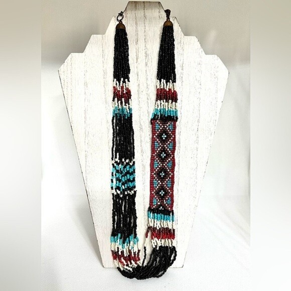 Southwestern Geometric‎ Pattern Seed Beaded Multi Strand Necklace - Picture 2 of 8